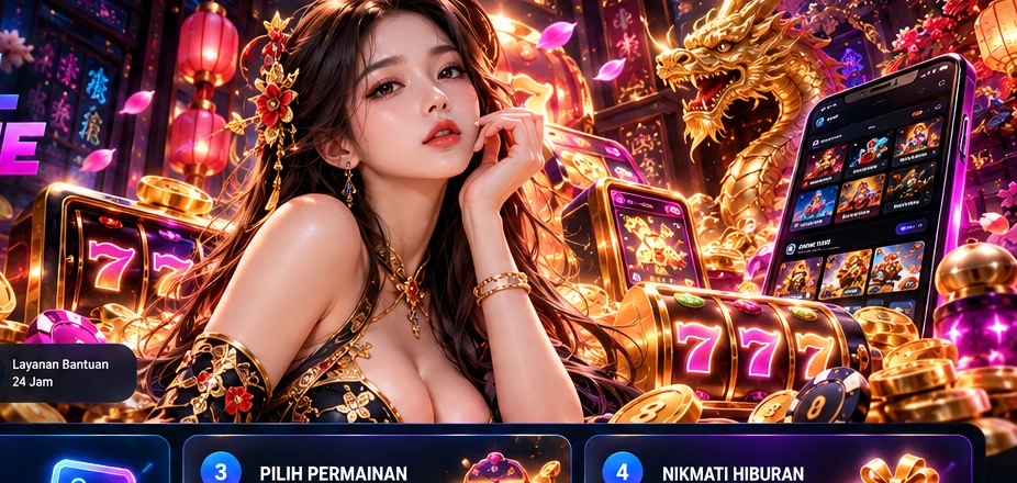 Ilustrasi perempuan dan mesin slot bernuansa ungu emas untuk GOBETASIA Zone